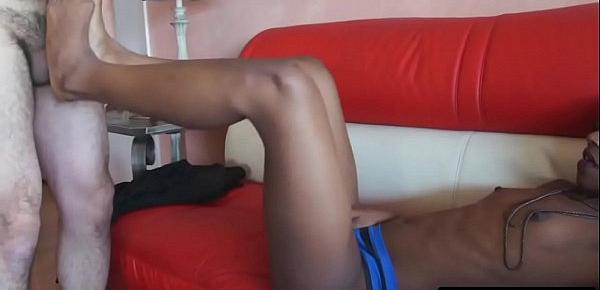  This black woman likes to make her white sex slave happy by letting him worship her feet